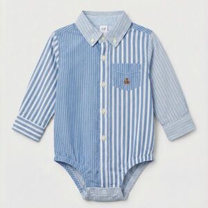 Baby Gap Mixed Stripe Oxford Bodysuit Shirt Bear Pocket Blue White 12-18M